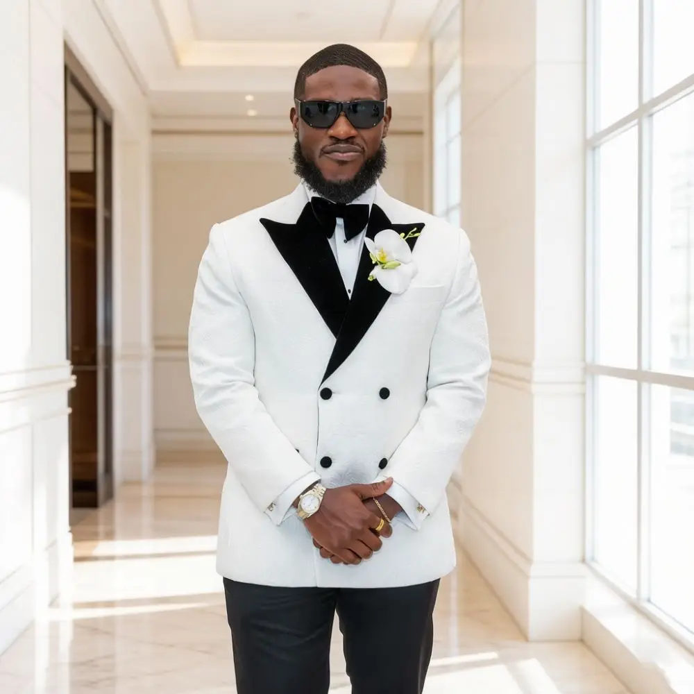 White Floral Custom Suits for Men Wedding Slim Fit 2 Pieces Double Breasted Mix Match Flap Pockets Wedding Tuxedo Groom Style