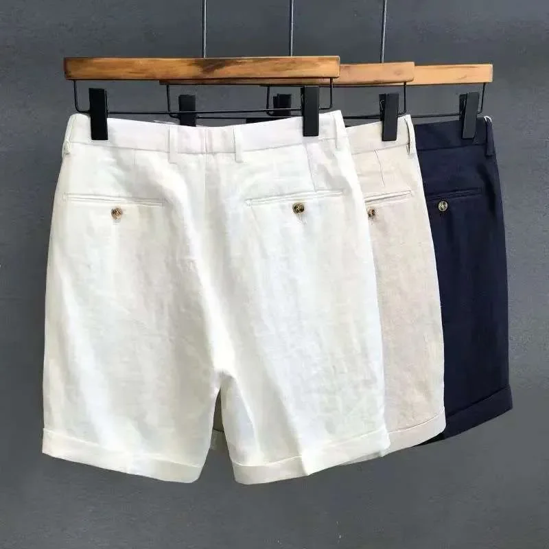 Men's Summer Solid‑Color Linen Bermuda Shorts, Lightweight Business‑Casual Mid‑Length Shorts For Outdoor Daily Wear