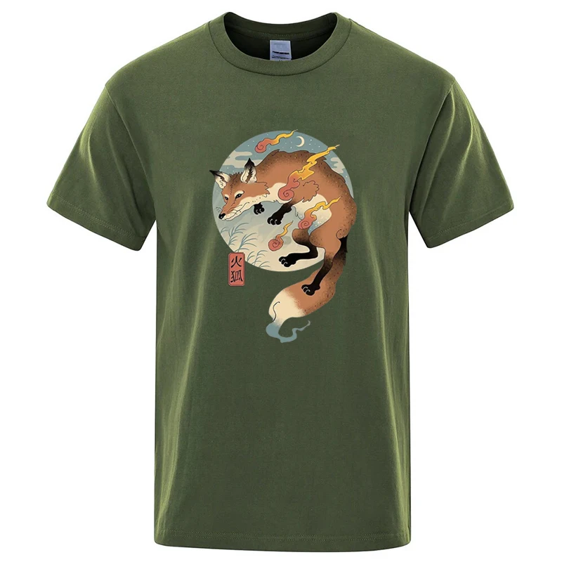 Cotton Blend Short Sleeve TShirt Japanese Ukiyo-e Fire Fox Graphic Casual Streetwear Unisex Summer Top Gift for Lovers Men Women