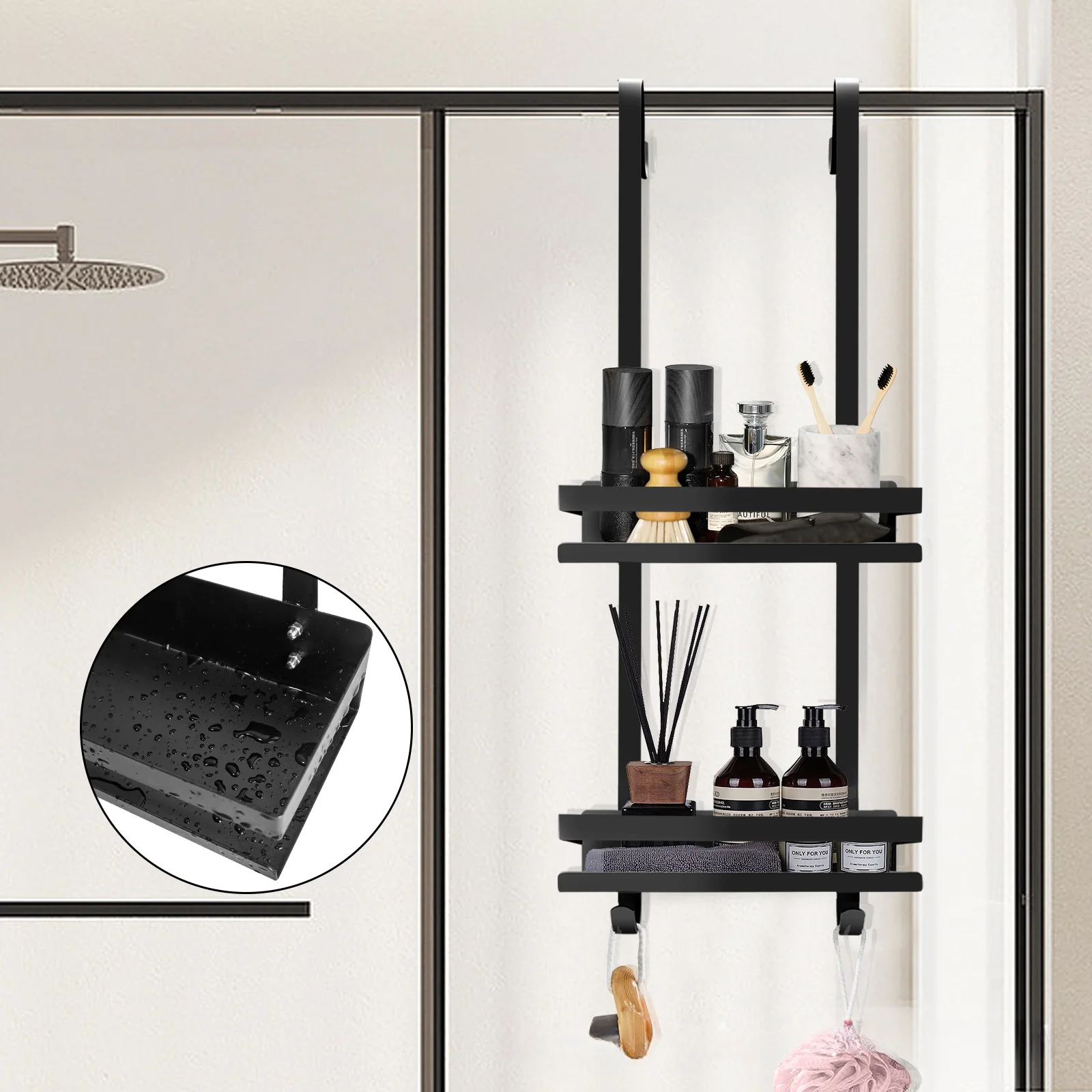 Black Hanging Bath Shower Shelves Bathroom Organizer Nail-free Shower Shampoo Holder Stainless Steel Bathroom Organizer Basket