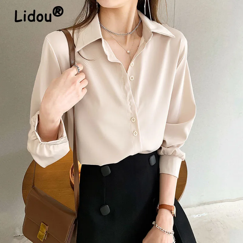 

Fashion Female Solid Wild Office Wear Chiffon Blouse Top Long Sleeve Lapel Cardigan Urban Women Blouses Shirt Spring Summer 2022