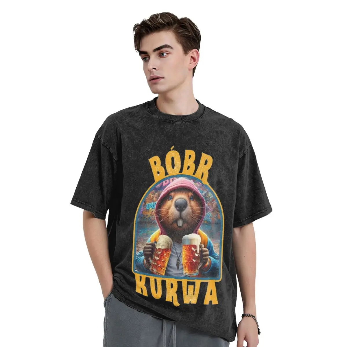 Bober Bbr Beaver Washed T Shirts Oversized Short Sleeve Hip Hop T-Shirt Streetwear Tops Tees for Men Women