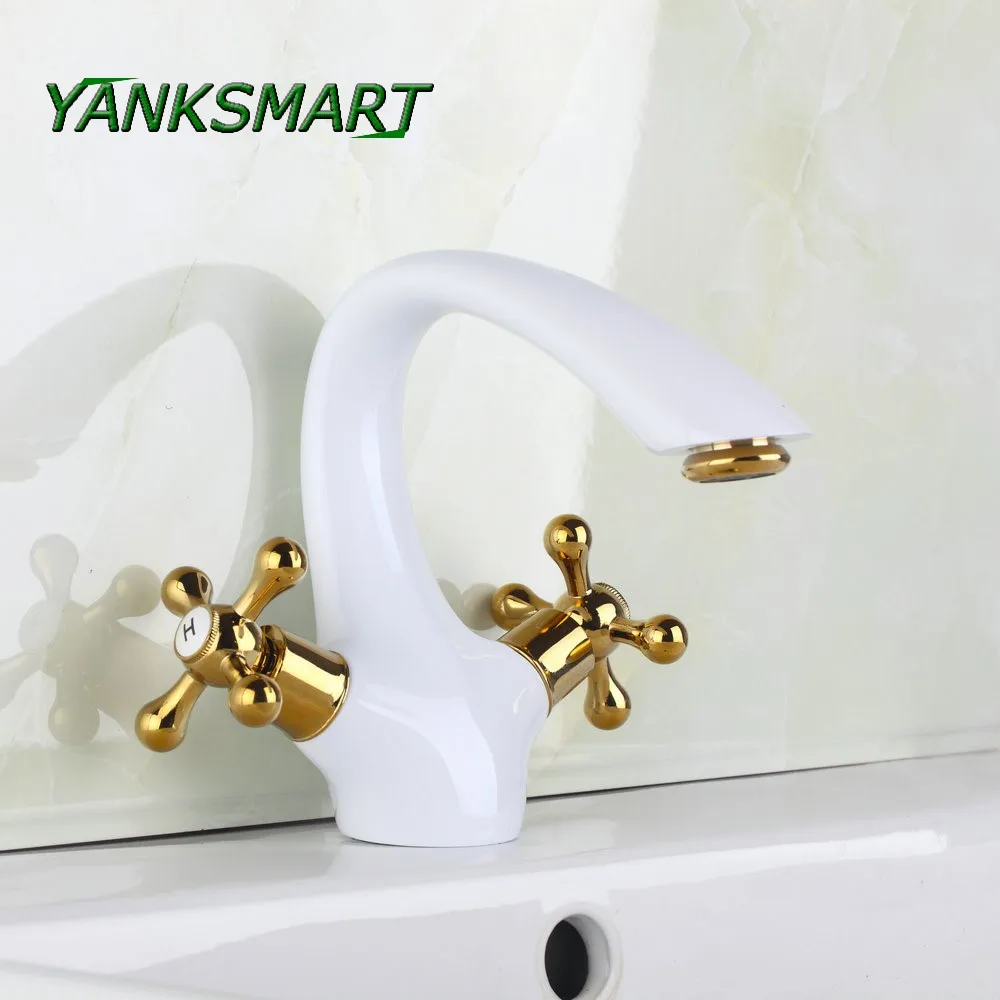 

YANKSMART Bathroom Faucet Gold White Basin Deck Mounted Dual Handles Hot and Cold Brass Lavatory Torneira Sink Mixer Water Tap