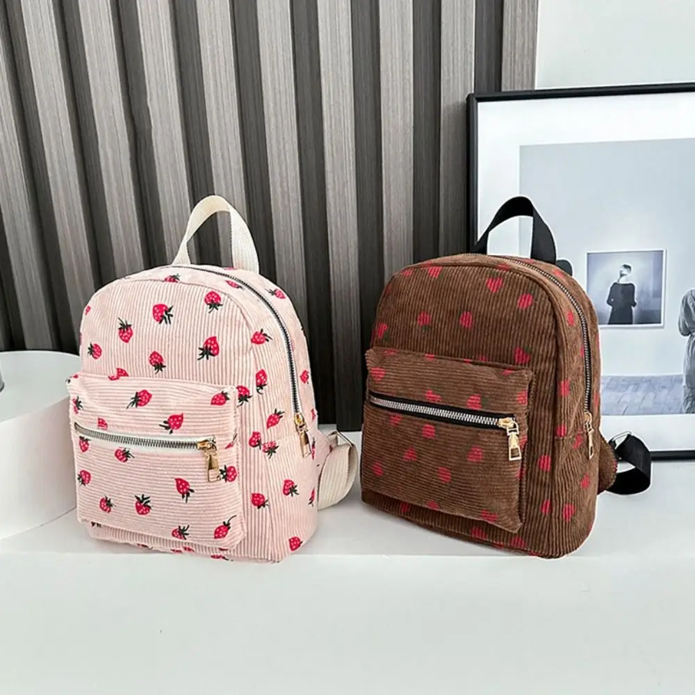 Corduroy Strawberry Backpack Casual Travel Backpack Large Capacity Daily Rucksack Multi-pockets Adjustable Strap for Women Girls