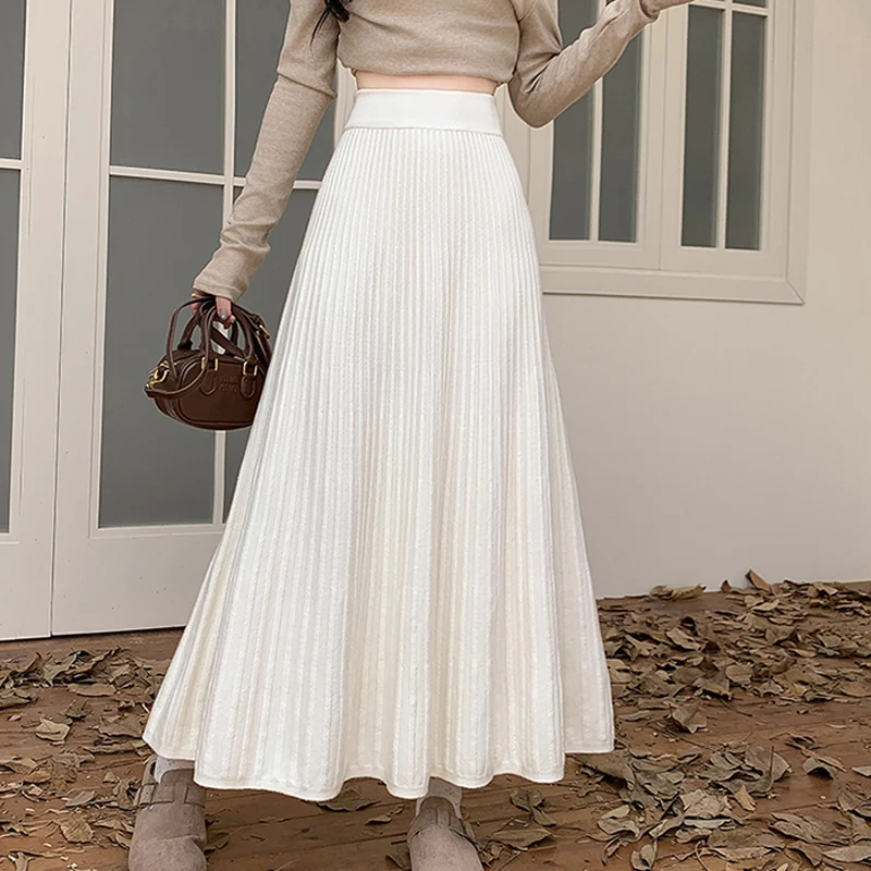 

Korean Fashion Pleated Long Skirt Women Fall Winter Elegant Knitted Midi Skirts Female All-Match High Waist A-Line Skirts 2025