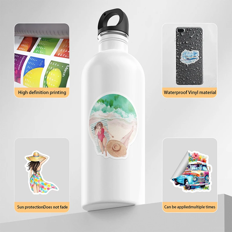 50 قطعة من الملصقات الجمالية، ملصقات يوميات كلاسيكية لطيفة بألوان مائية من الفينيل مقاومة للماء لزجاجة مياه للكمبيوتر المحمول