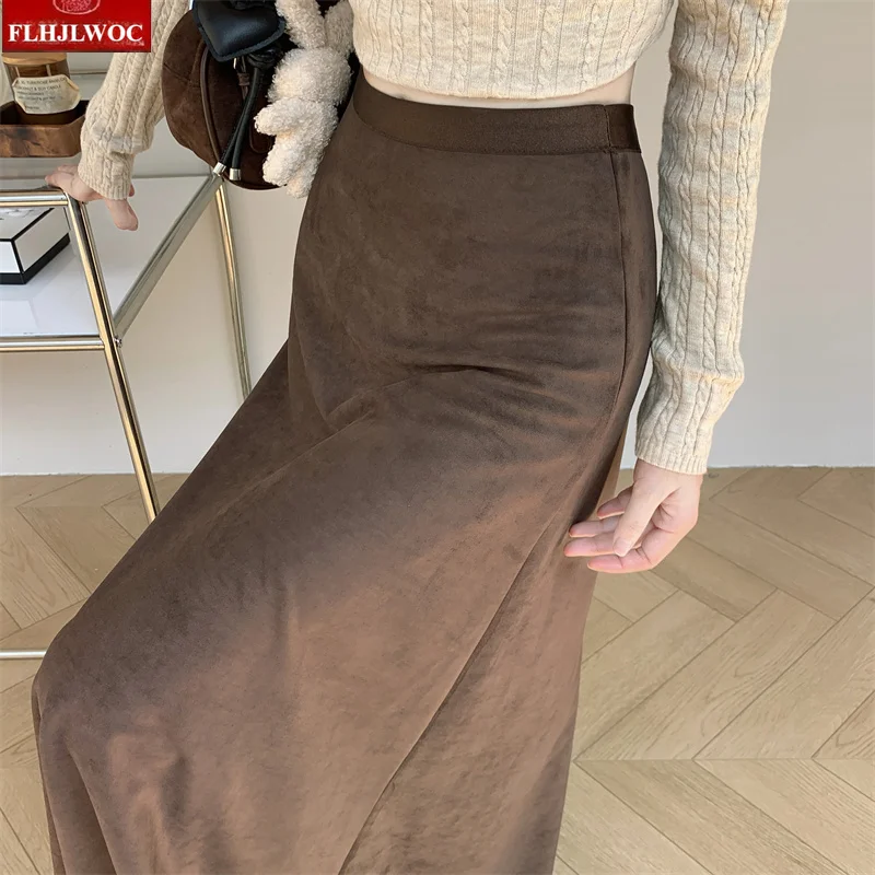 Long Suedette‌ Skirts Autumn Winter Woman Cute Girls A‑Line High Waist A Line Casual Black Skirt for Daily Wear