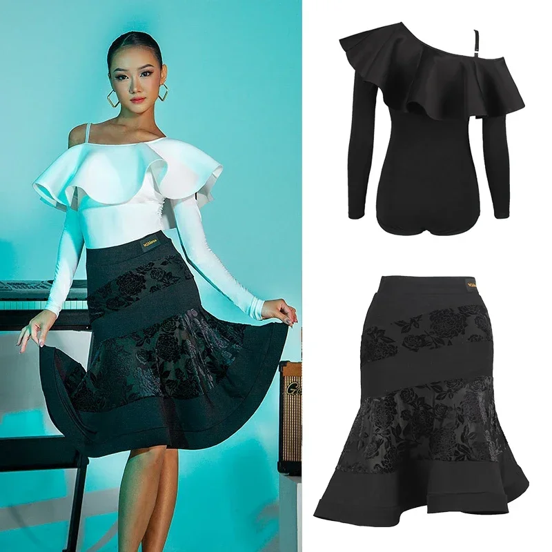 

Ruffled Cross-Shoulder Tops Black Skirt Tango Chacha Samba Rumba Ballroom Dance Practice Wear Women'S Latin Dance Costume