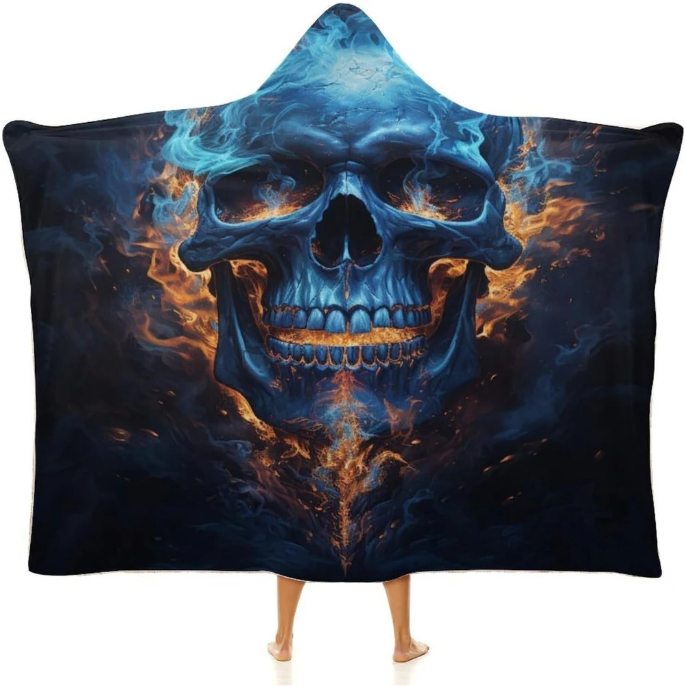 Blue Flame Skull Hooded Blanket Soft Fleece Throw Skull Plush Wearable Blanket Hoodie for Adult Kids