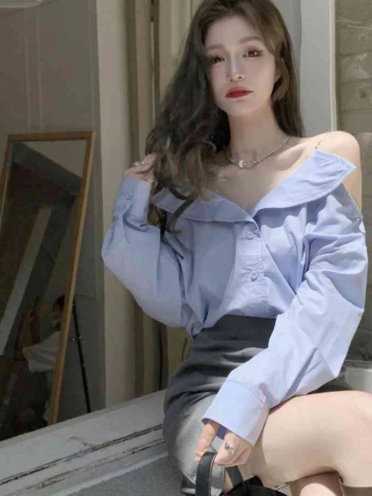 

2 Pcs Sets Women Long Sleeve Off Shoulder Shirts Mini Irregular Skirts Solid Spring Cozy Ulzzang Loose Draped All-match Fashion
