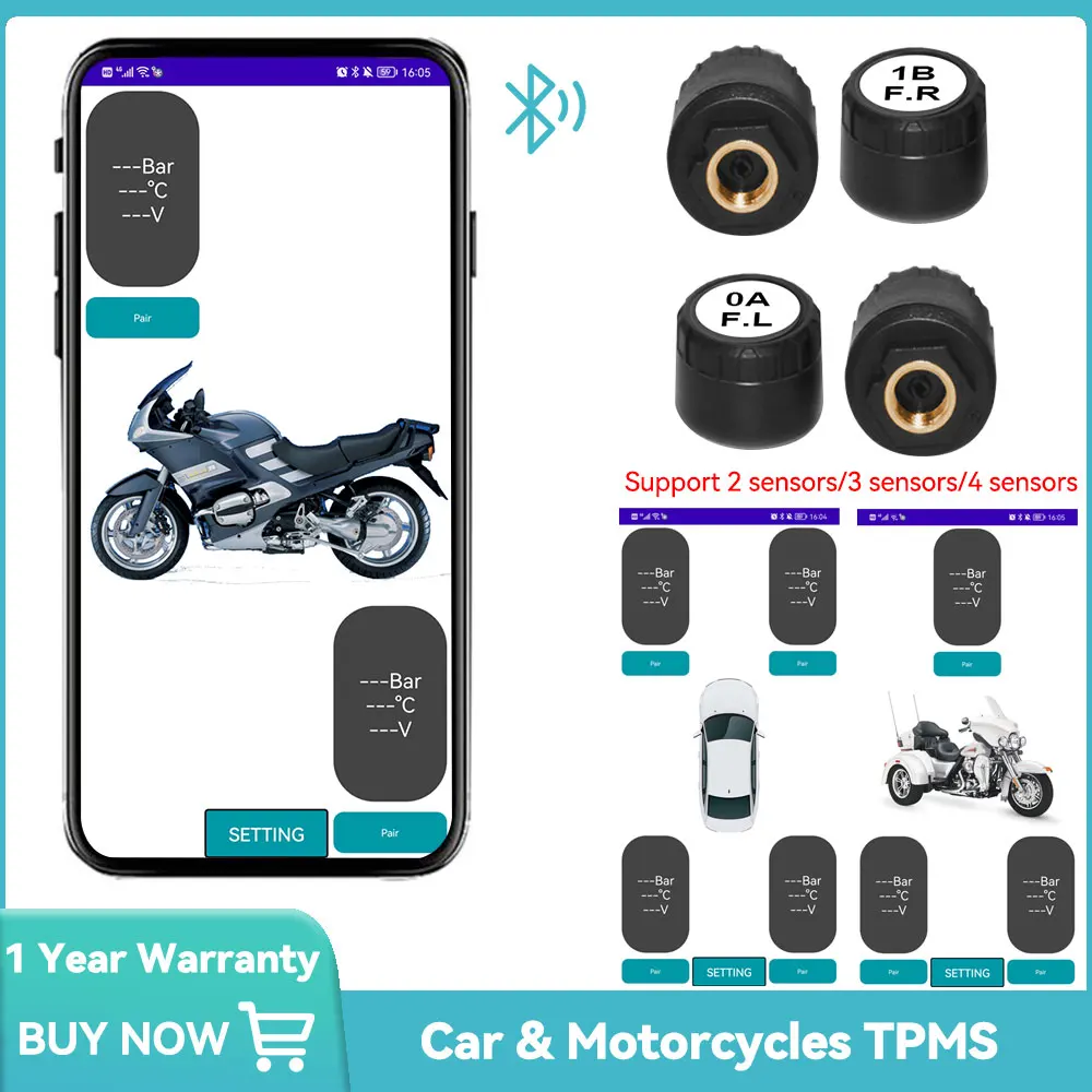 

Tire Pressure Sensors Motorcycle TPMS Bluetooth-Compatible Tire Pressure Monitoring System External Sensor Android/IOS Car TMPS