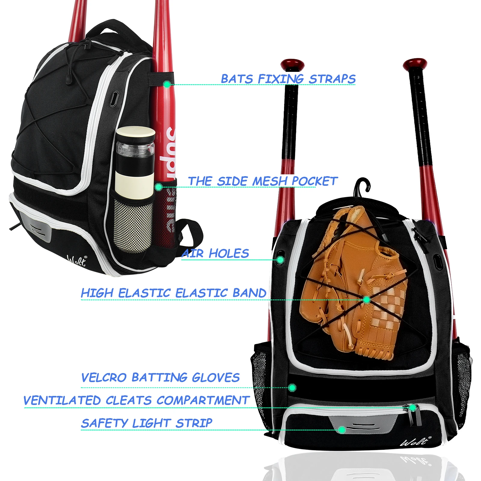 WOLT-Bolsa de béisbol para jóvenes, mochila para bate de béisbol, equipo y equipo de Softball, soporte para bate y guante, Compar principal grande