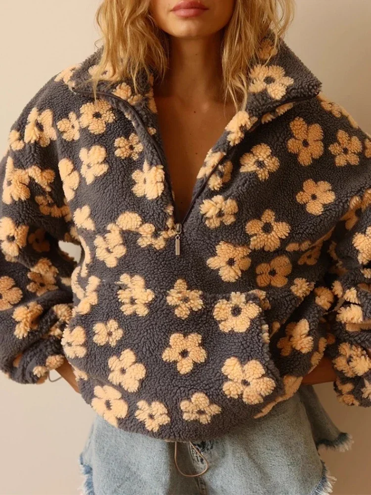 New in Winter Women Thick Print Floral Sweatshirts Turtle Neck Half Zipper Pullover Long Sleeve Loose Sweatshirt Warm Sweatshirt