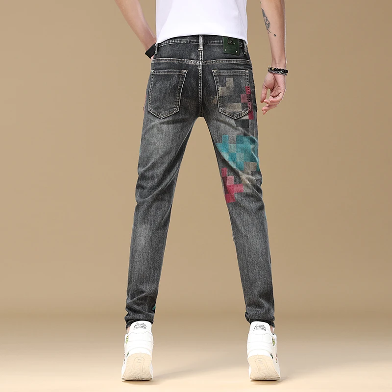 Fashionable mosaic print design jeans for men's summer stretch slim fit small foot trend street personalized denim pants