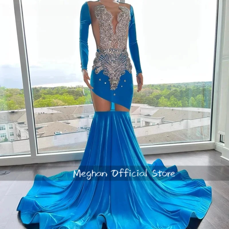 Mangas compridas africano americano vestidos de baile para meninas negras sereia frisado cristais azul robe de soiree vestido de noite personalizado