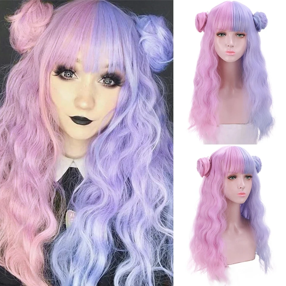 

synthetic wig long Lolita water wave hair wig double color band small bun headgear 24-inch ladies school play party Halloween C