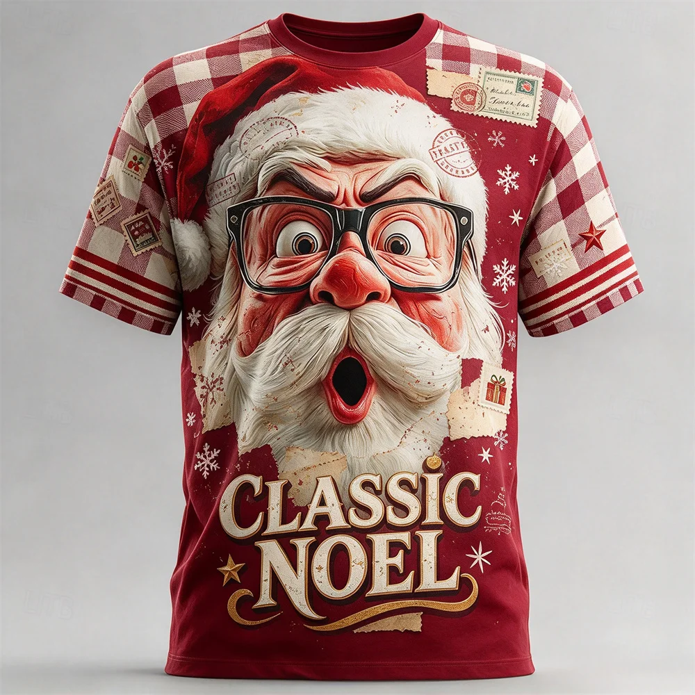 Men Xmas Short Sleeve T-shirt Retro Santa Pattern Tshirt Comfortable Casual Top Christmas Party Wear Holiday Gift for Adult Male