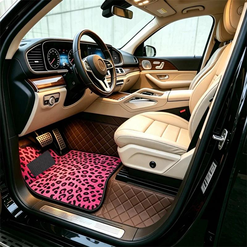 Pink Leopard Animal Print Car Floor Mats Non-Slip Carpets Rugs Front & Rear Car Foot Mats Set of 4 Pieces Auto Accessories Decor