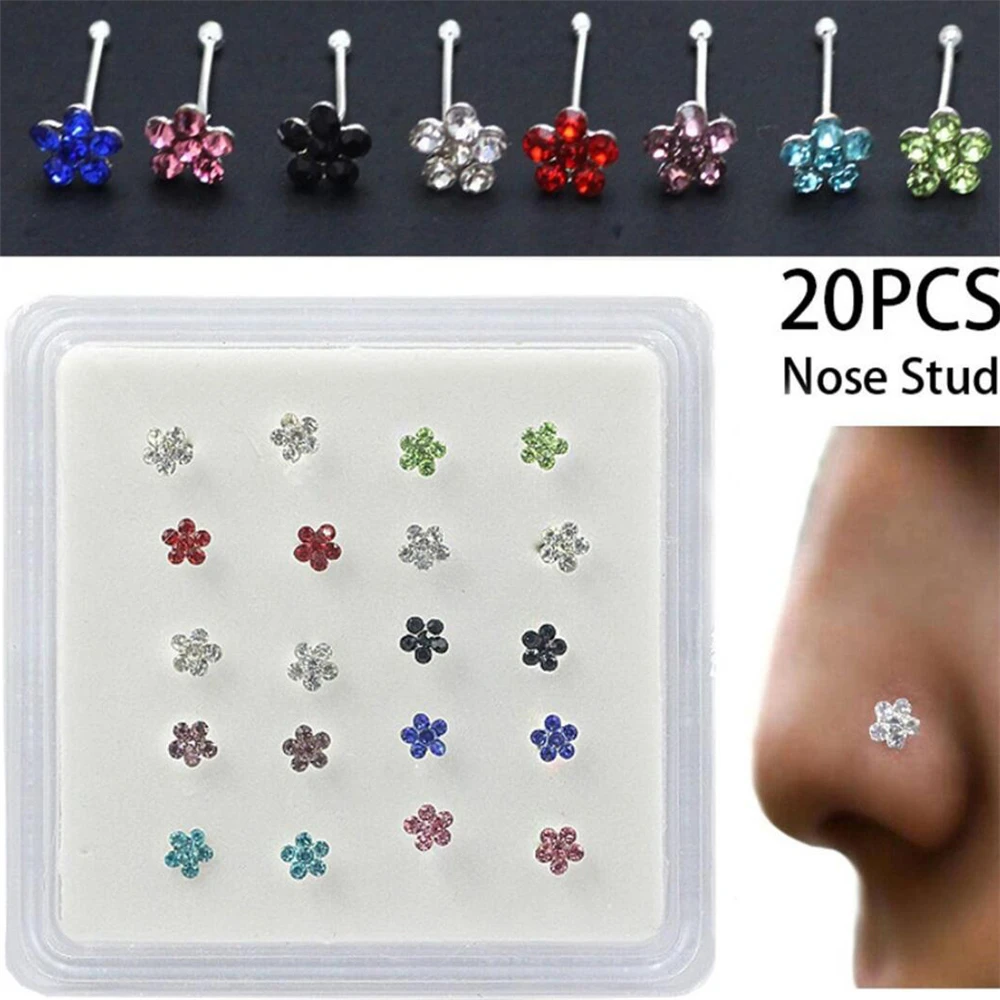 20 PCS/1 Box 925 Sterling Silver Nose Stud Nose Ring Body Puncture Jewelry Flower Colorful Crystal Nose Nail Puncture Needle