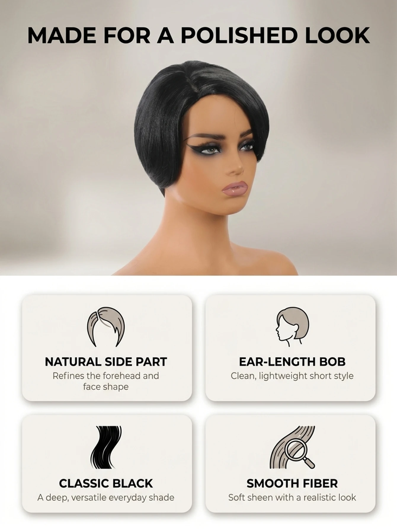 Women's 4-inch synthetic black sleek bob wig, clean center-parted straight short hair, fashionable women's style. ﻿