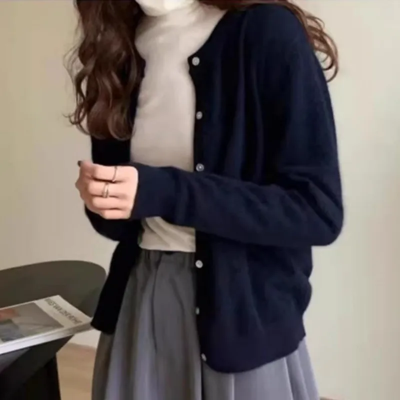 

100% Pure Wool Short Open Cardigan Women's Loose Knitted Sweater Cashmere Outerwear Long Sleeve round Neck Spring Fashion