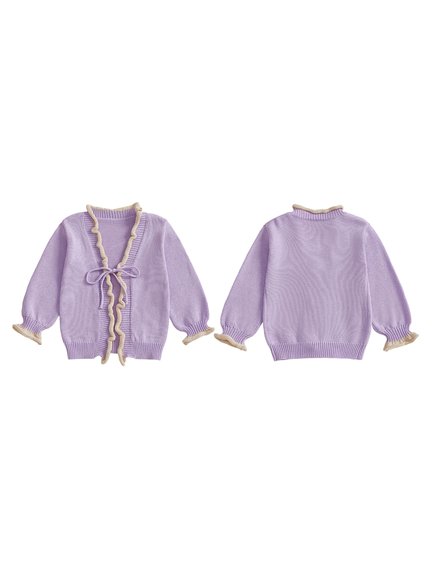 سترة صوفية متماسكة للأطفال لطيفة بأكمام طويلة ورقبة على شكل حرف V وربطة أمامية مكشكشة للارتداء اليومي #5