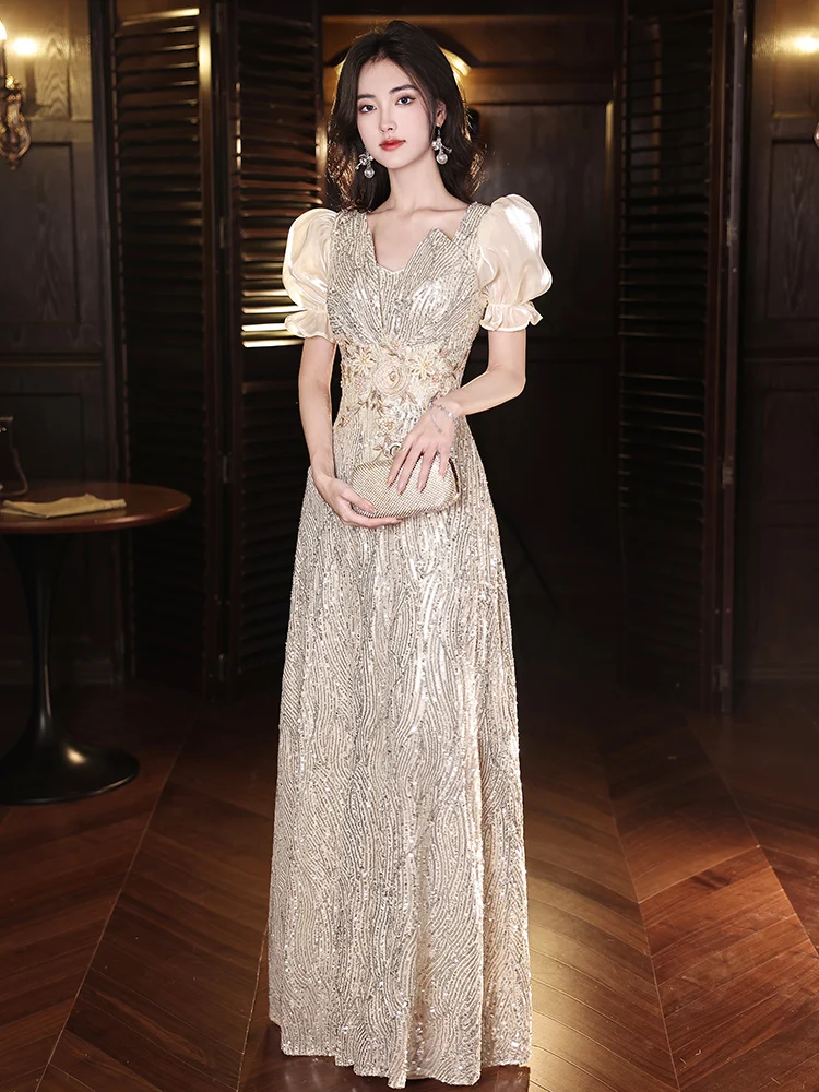 

Блестящее вечернее платье с блестками, великолепное платье с пышными рукавами и бисером, цветочное тонкое банкетное вечернее платье, выпускное платье длиной до пола