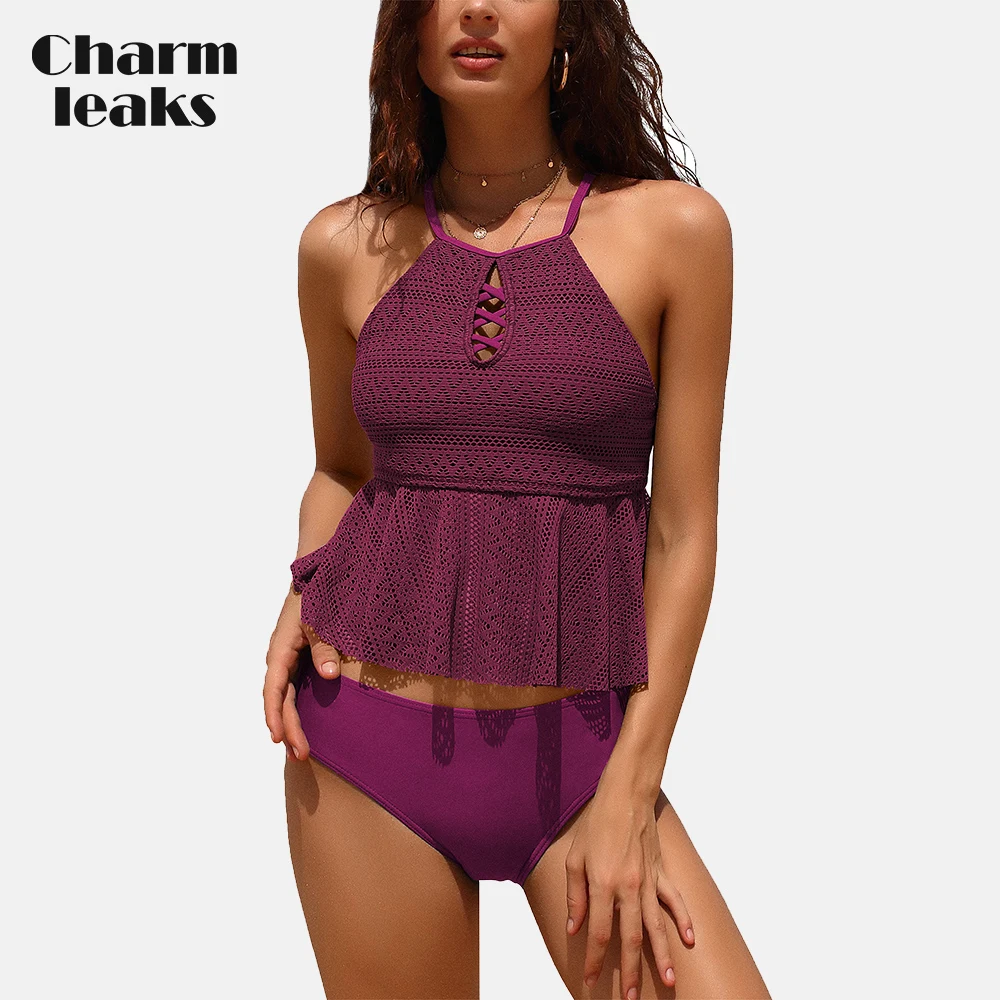 Charmleaks Vrouwen Strappy Cross Terug Bikini Badpak Sexy Halter Hoge Hals Tweedelige Badpak Tankini Set