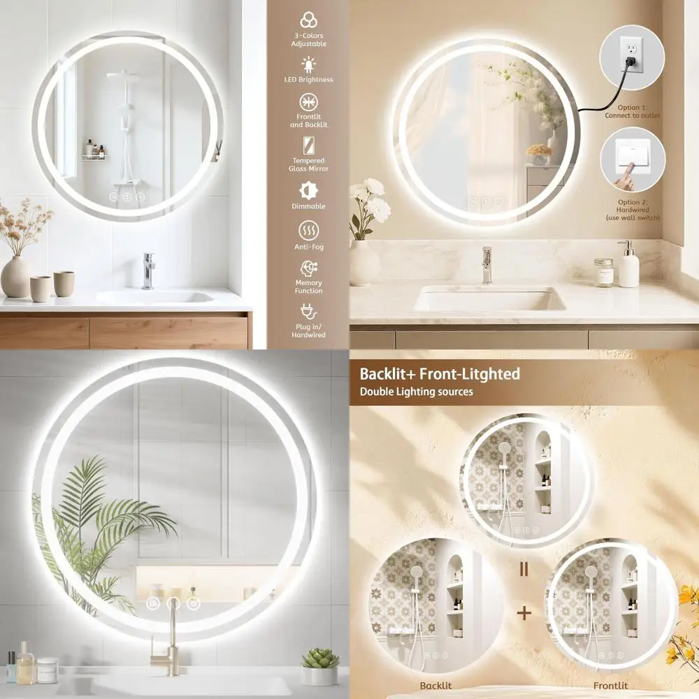 

Round LED-Illuminated Bathroom Mirror, Wall-Mounted Vanity with Anti-Fog, Dimmable, 3000K-6000K, 28 Diameter