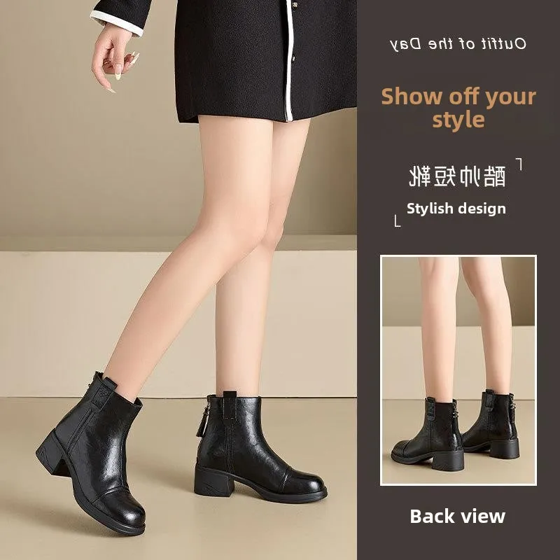 

Genuine Leather Boots Women's Slim Thick Bottom Chelsea Boots round Head Low Tube Boots Fashionable Retro Style Winter...