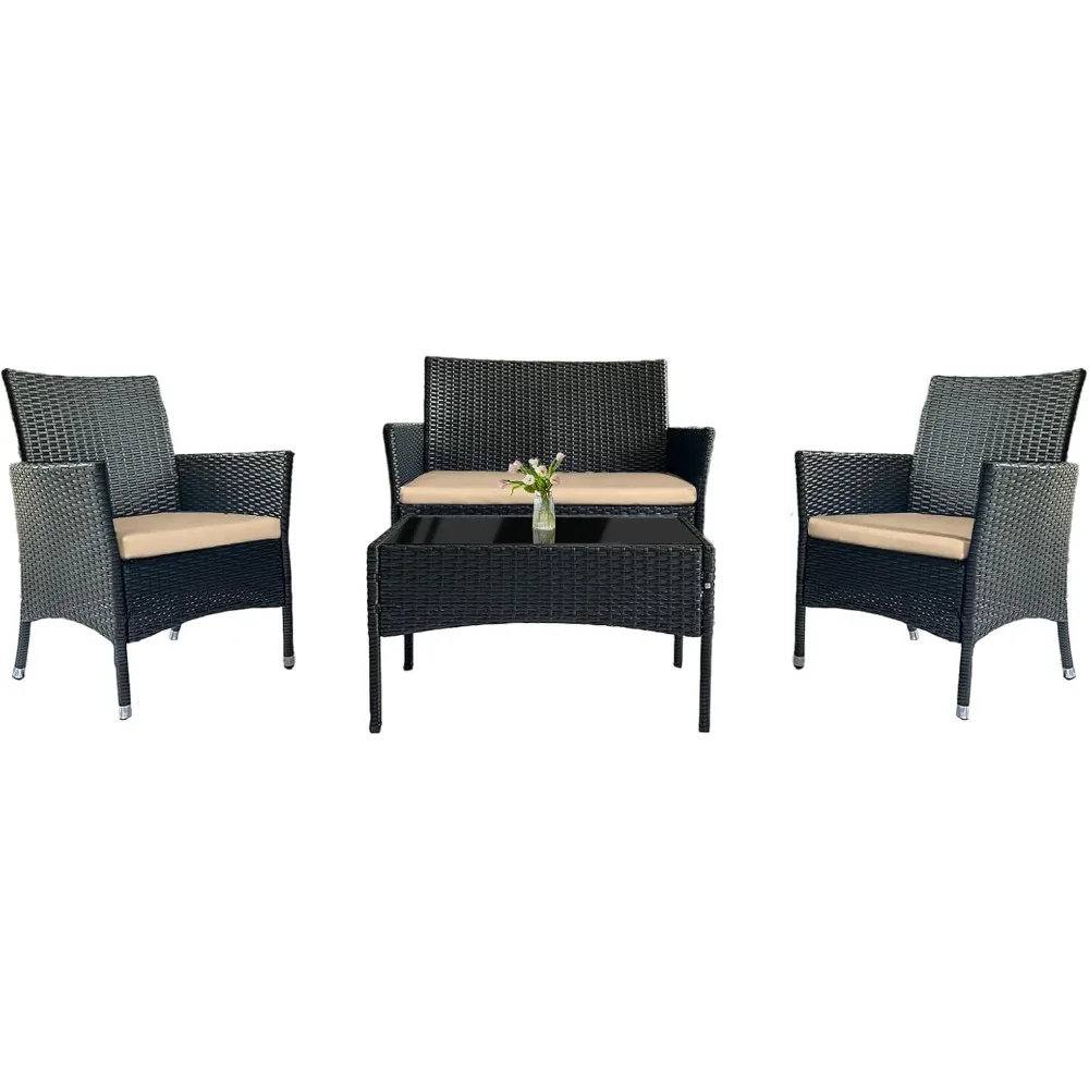 

4-Piece Wicker Rattan Patio Conversation Set with Soft Cushions and Glass Table, Enhance Your Garden, Backyard, Balcony,Poolside