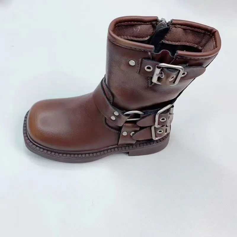 Fashion Girls\' Short Boots Autumn and Winter New Children\'s Side Buckle Leather Boots Girls\' Soft Sole Boots Children\'s Shoes