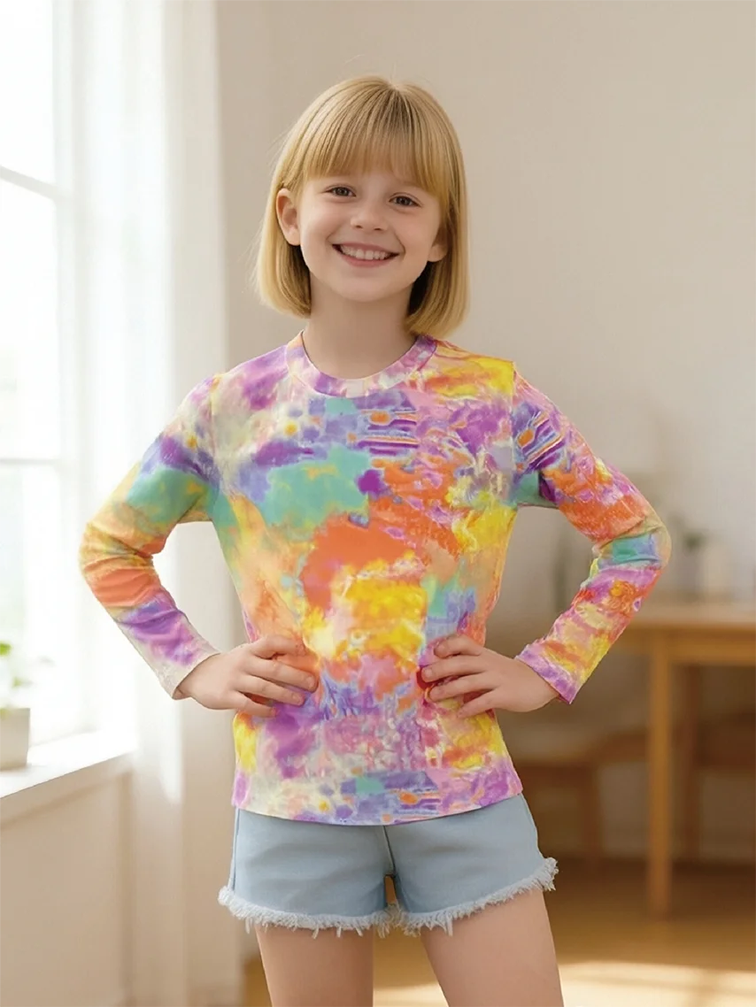 2026 New Girls' Rainbow Tie-dye Long Sleeve T-Shirt Colorful Graffiti Short Sleeves