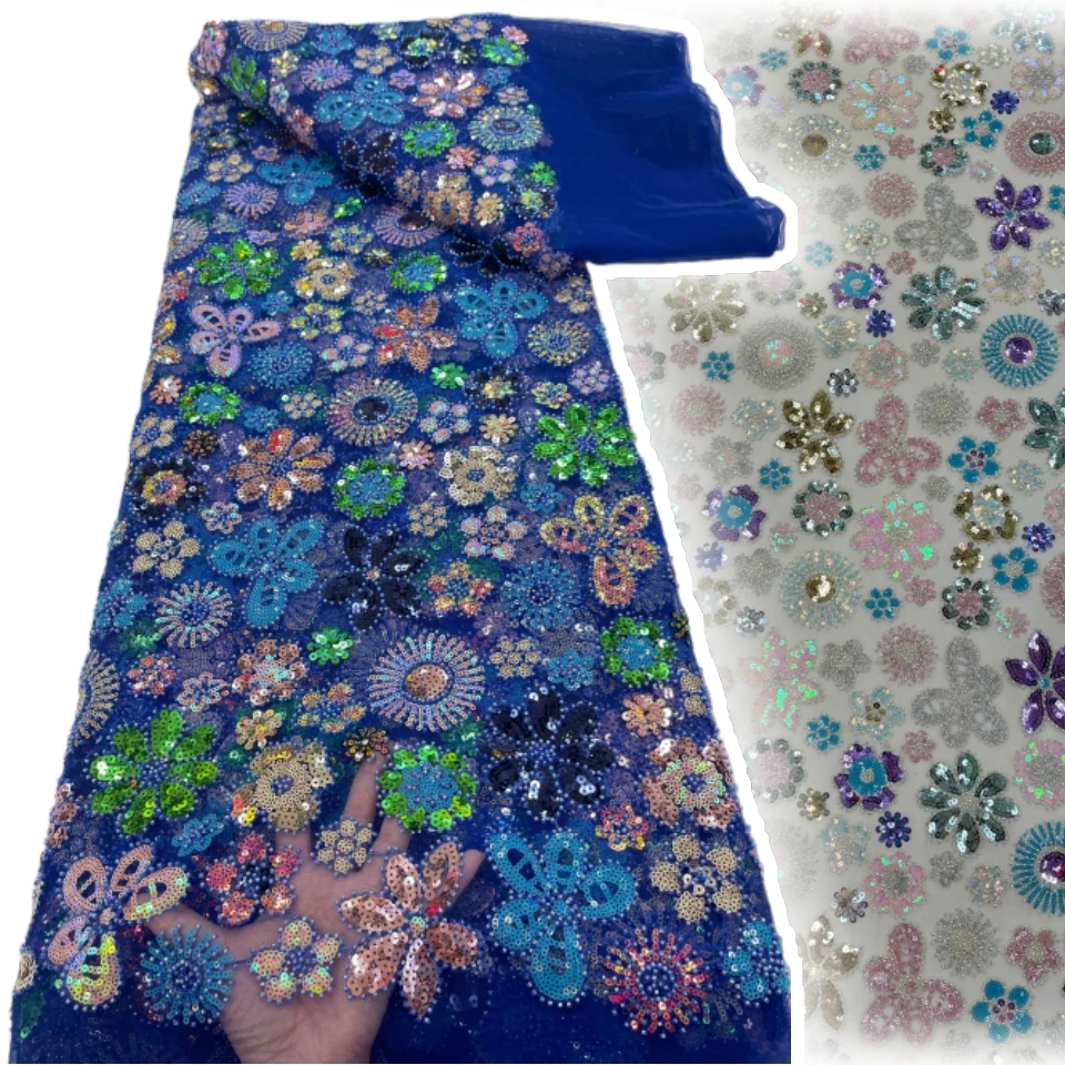 

French Party Dress African Beaded Tulle Lace Fabric High-Quality Nigerian Sequin Mesh Lace Fabric Wedding Material 5 Yards 2022
