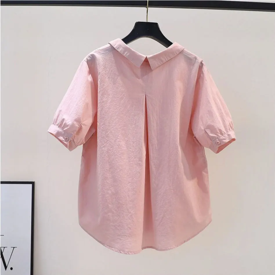 Puff Sleeve Women\'s Summer Blouses Korean Fashion Thin Short Sleeve Shirts Chic Loose Lapel Cotton Blusas Solid Color Casual Top