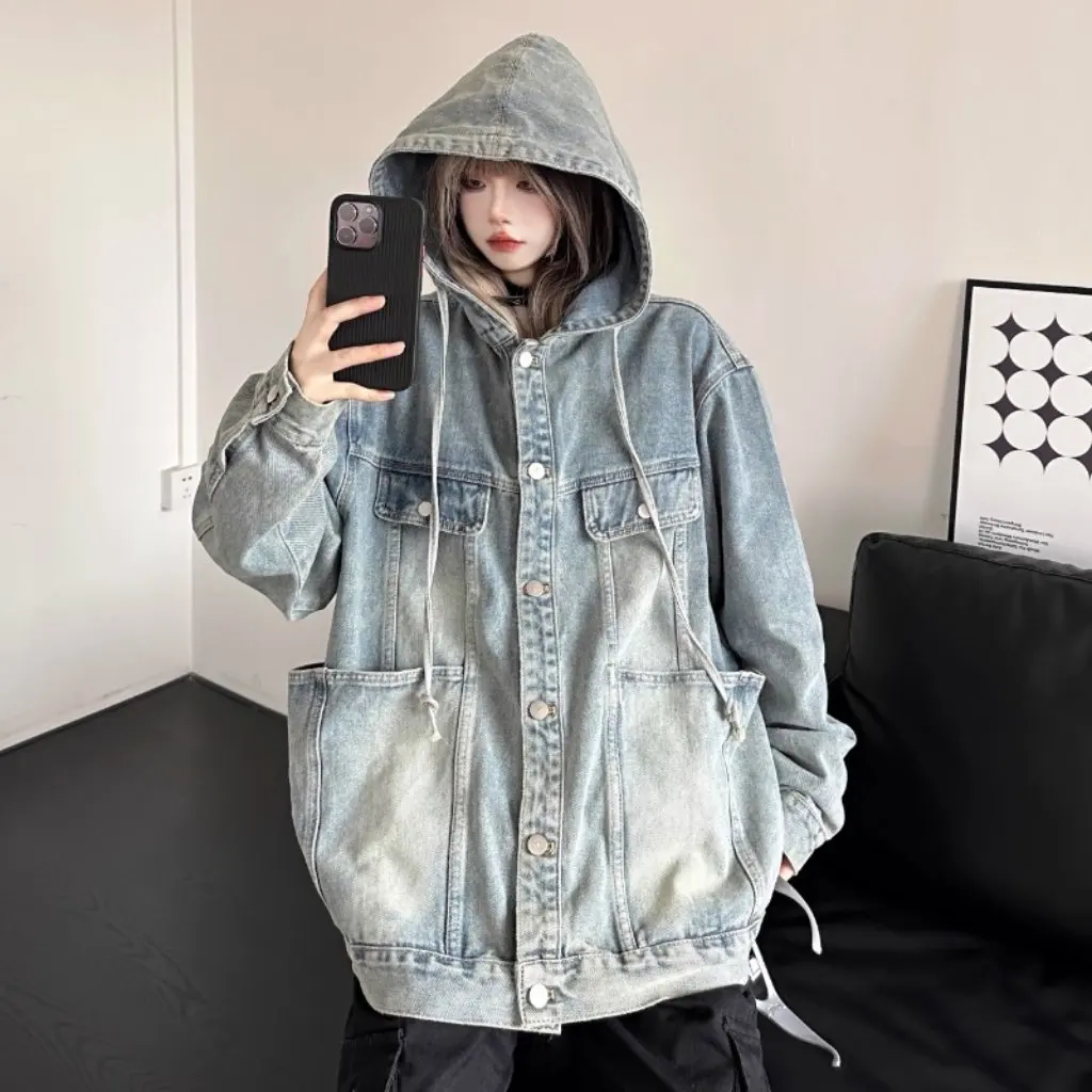 

Women's Vintage Denim Coat Hong Kong Style Loose Fit Autumn Jacket with Hood All-match Top Niche Design Wash Water