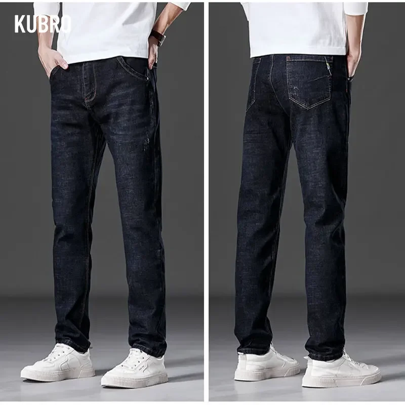

KUBRO 2023 Spring Cotton Straight Jeans Stretch Brand Blue Fit Trousers Classic Y2k Clothes Men's Zipper Fly Denim Baggy Black