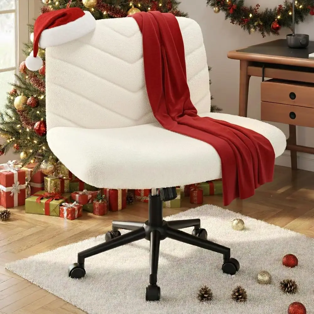 

Wide Criss Legged Oice Desk Chair with No Wheels, Vanity Comy Swivel Computer Chairs or Home Oice Reading Makeup, Ivory