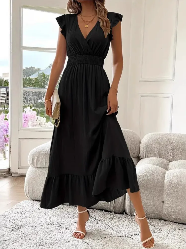Vestido longo feminino 2025 verão novos vestidos com decote em v cor sólida cintura elástica maxi vestido senhora do escritório moda casual uma linha vestido