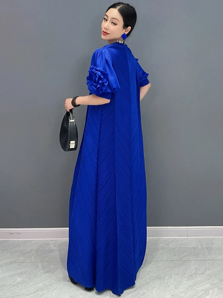 SHENGPALAE Pleat Solid Color Long Dress 2024 Summer New Round Neck Tie Flower Sleeves Elegant Ladies Big Swing Female Robe C1265