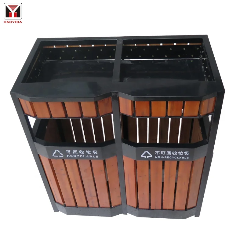 

Wooden outdoor waste bin sorted street garden trash can