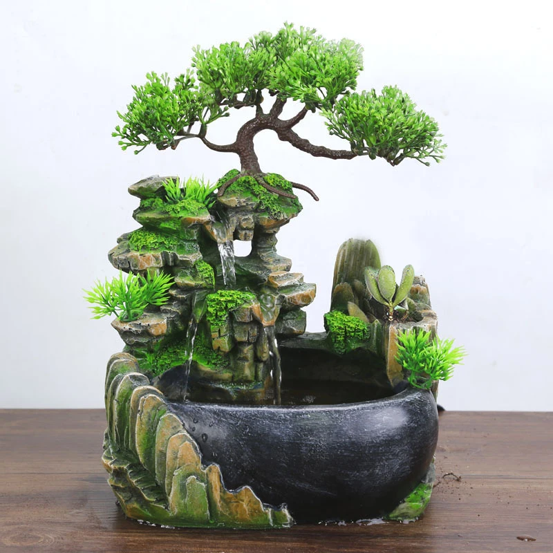 Bonsai rockery decorative Simulation Tree Flowing Water Waterfall Fountain desktop ornaments With Color Changing LED Lights