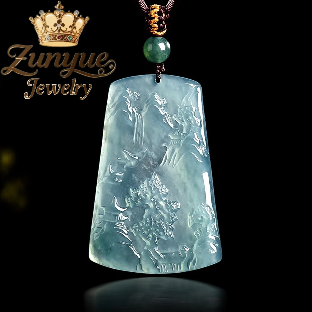 

High-End Natural A-Grade Jadeite Blue Water Landscape Pendant Artistic Conception Ice And Rice Type Jade Pendant Jade Pendant
