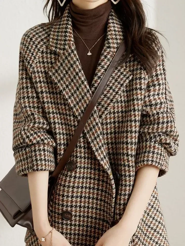 Vintage Houndstooth Women Woolen Blazer Double Breasted Plaid Female Suit Jacket Fashion Korean Outerwear Loose Blaser Coat A190