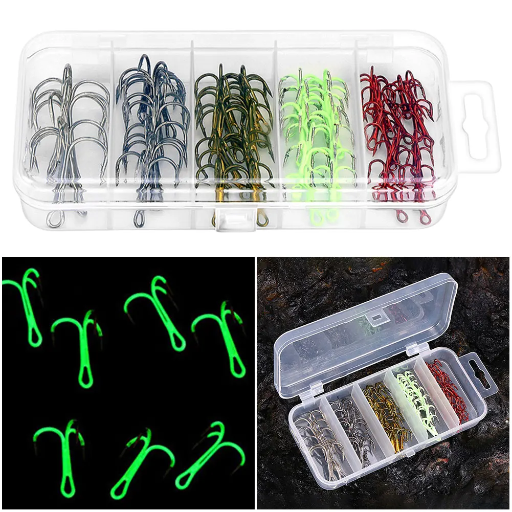 Anzuelo triple de acero rico en carbono, anzuelo triple de pesca de 5 colores, anzuelo Triple afilado con púas para pesca en agua dulce y salada