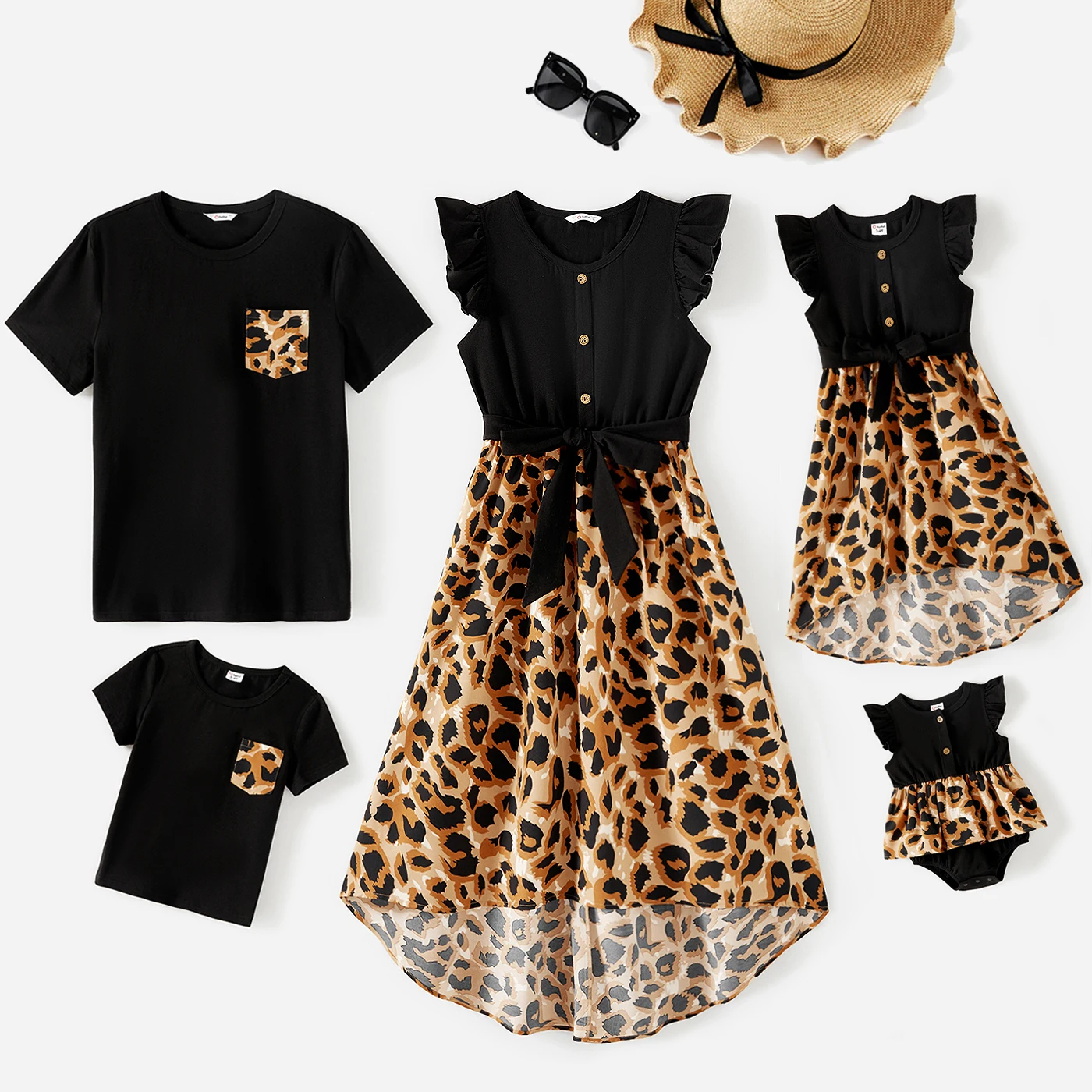 

PatPat Family Matching Cotton Black Short-sleeve T-shirts and Leopard Print High Low Hem Flutter-sleeve Dresses Sets