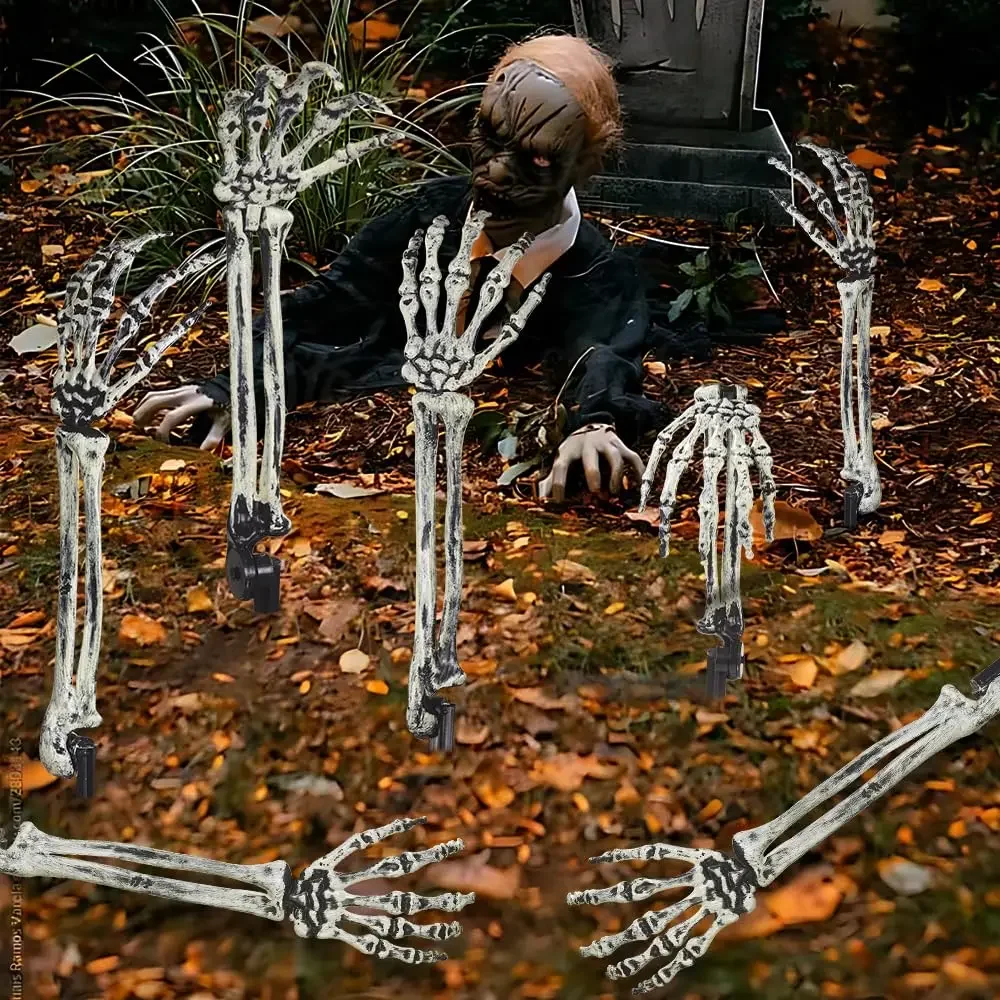 1 à 6 paires de piquets de bras de squelette pour Halloween, accessoires de main réalistes, décorations de pelouse en os pour jardin, fête en plein air et cour.