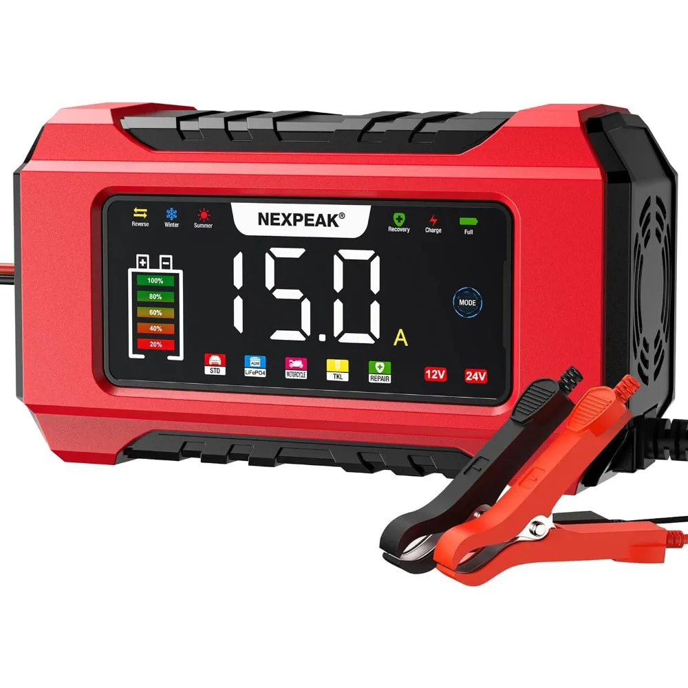 

NEXPEAK NC215 15-Amp Battery Charger, Trickle Charger Car Battery Charger 12V 24V LiFePO4 Lead Acid Portable 9-Stage Smart Batte