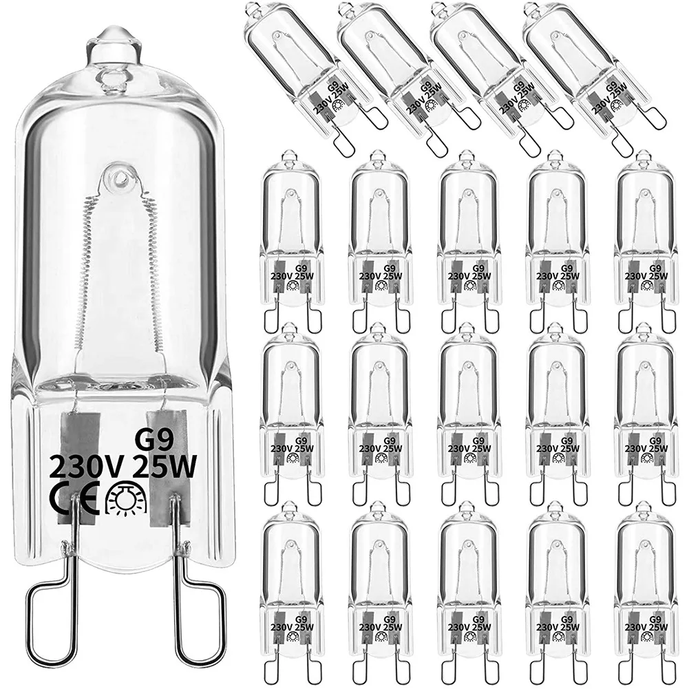 20 piezas-bombillas halógenas G9 de 25W, lámparas halógenas transparentes regulables, blancas cálidas de 2800K para candelabros, colgantes, luces de