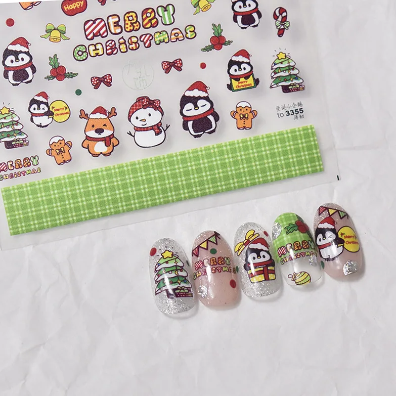 Nail Art Stickers Christmas Tree Penguin Thin Flexible Self Adhesive Film Decals Cute DIY Phone Case Decor Lightweight for Girls